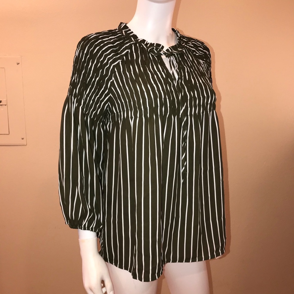 ANA Olive Green Striped Relaxed Fit Puff Sleeve Blouse Size Small Office School